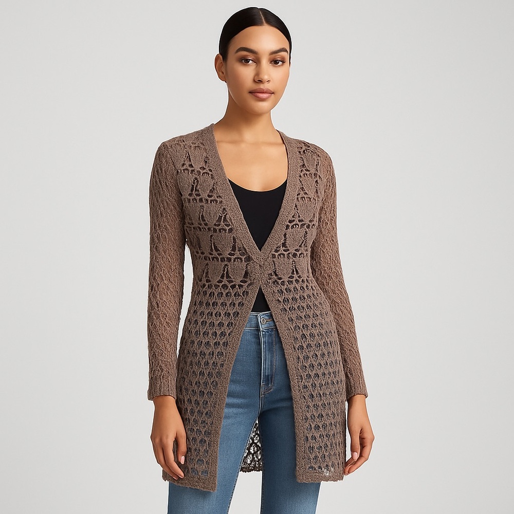 VTG Bette Paige,Crochet Long Duster in Walnut, Cardigan,Boho,Rare, EUC, Size L - Picture 3 of 14